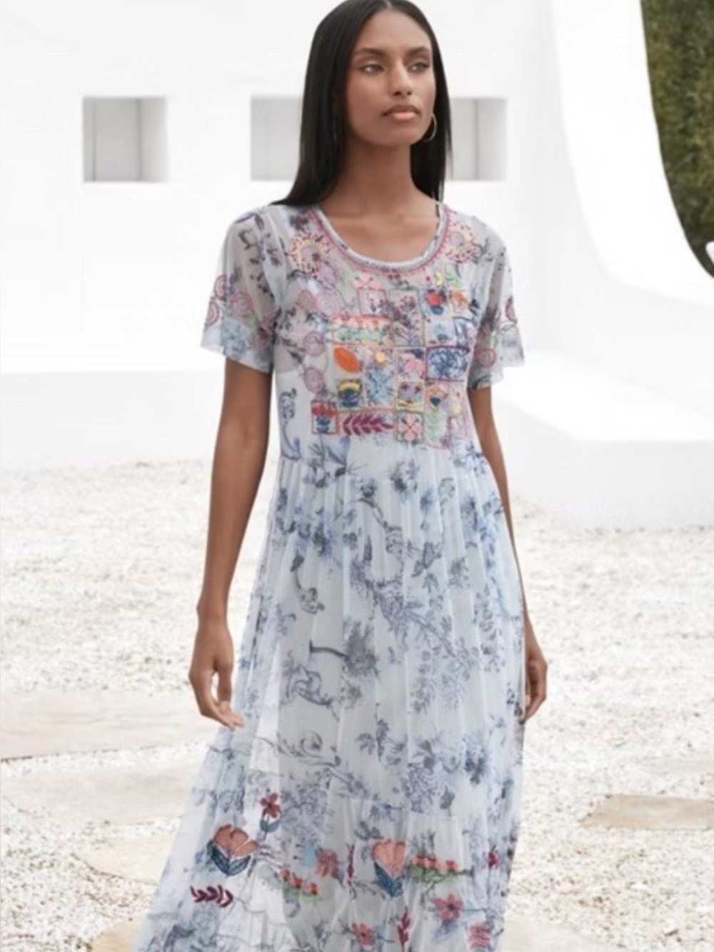 Johnny Was Light Blue Embroidered Patchwork Tunic